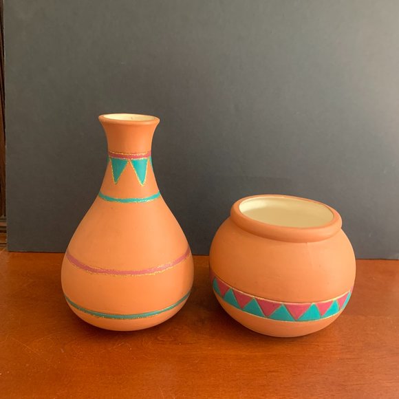 2 Hand crafted Hand Thrown clay Southwest Pottery vase & bowl set, Signed JBL - Picture 2 of 16